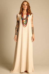 Yacamim Women's Long Linen Tank Dress Beige E2
