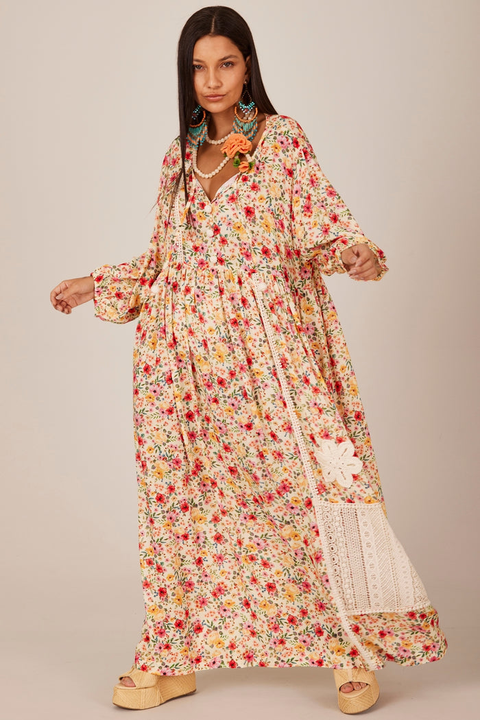 Long Dress with Puffy Sleeves Beige Printed Yacamim C14