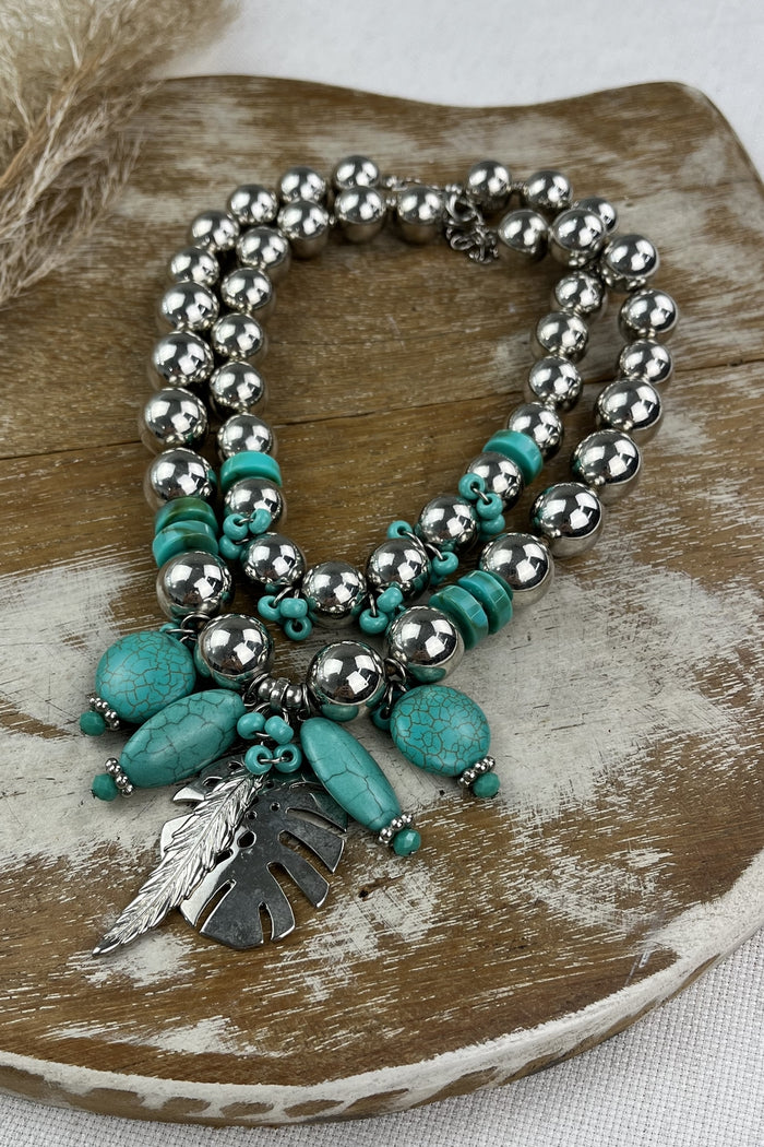 Silver Beaded Necklace with Yacamim Charm Mix #83