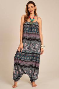 Yacamim O3 Black Sarouel Jumpsuit with Straps and Ethnic Print