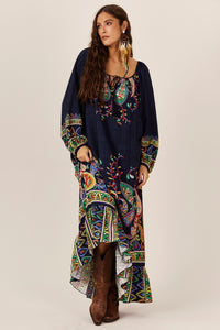 Yacamim E18 Navy Blue Paisley Print Off-The-Shoulder Maxi Dress