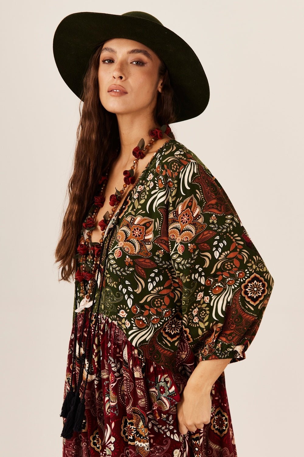 Yacamim E23 Burgundy and Green Patchwork Long Dress