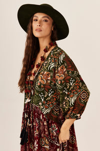 Yacamim E23 Burgundy and Green Patchwork Long Dress