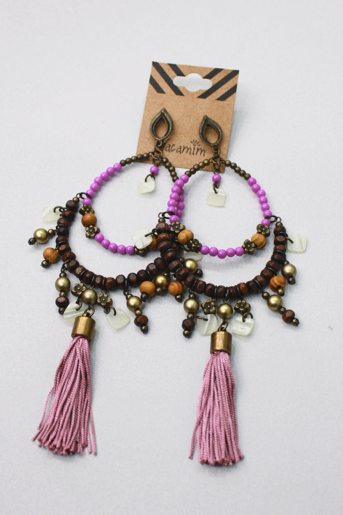 Lilac Beaded Earring with Yacamim Pom-Poms #428
