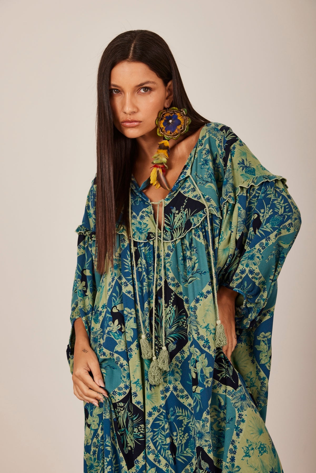 Long Dress with Puffed Sleeves Green Printed Yacamim C11