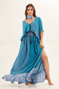 Yacamim Blue Patchwork Off-the-Shoulder V-Neck Maxi Dress