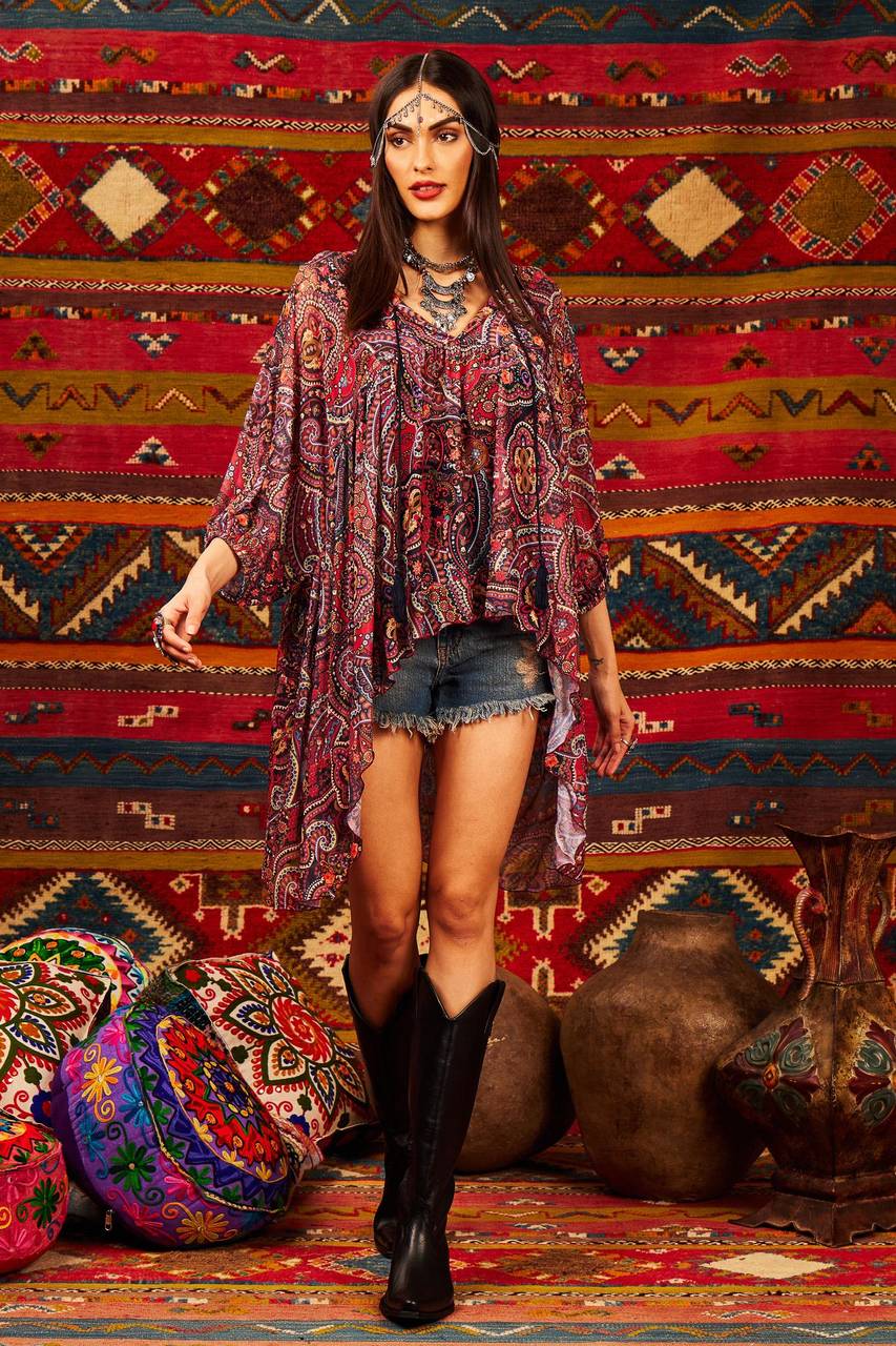 Yacamim Printed Cashmere Loose V-Neck Mullet Tunic