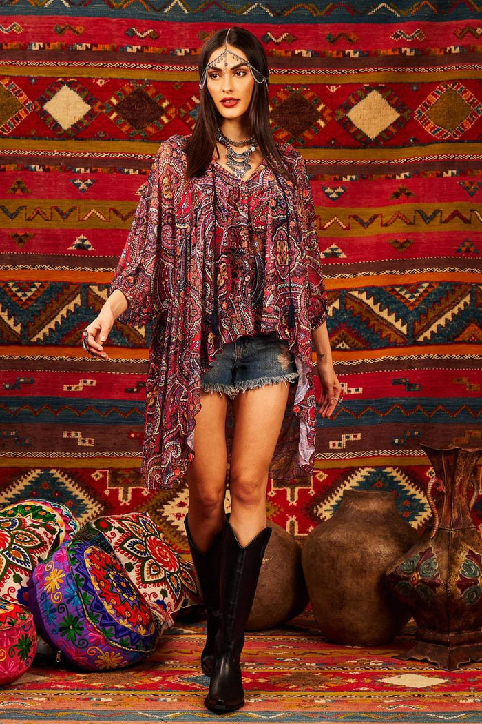 Yacamim Printed Cashmere Loose V-Neck Mullet Tunic
