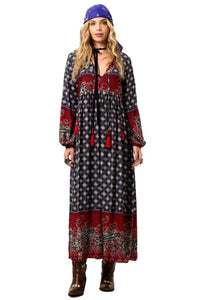 Long Blue and Red Printed Yacamim Dress with Puff Long Sleeves