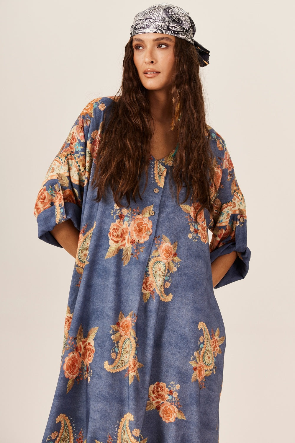 Yacamim Paisley Print Petrol Blue Midi Shirt P8