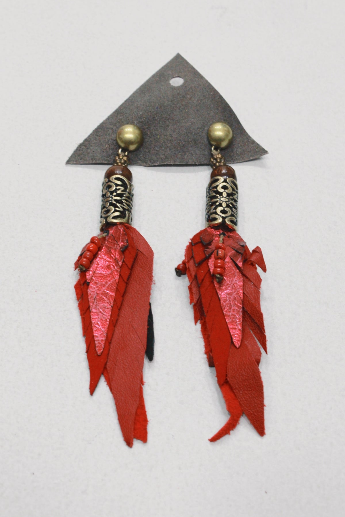 Yacamim #654 Red Leather Handcrafted Earring with Embossed Metal