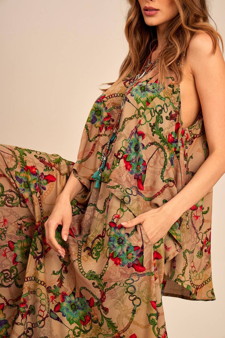Yacamim Brown Printed Loose Basic Tank Top