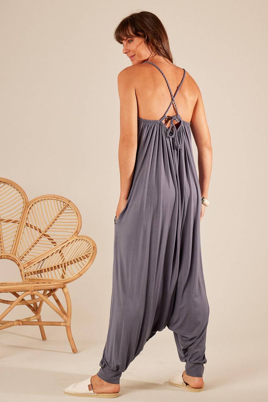 Yacamim Exclusive Print Dark Gray Sarouel Jumpsuit with Braided Straps O5