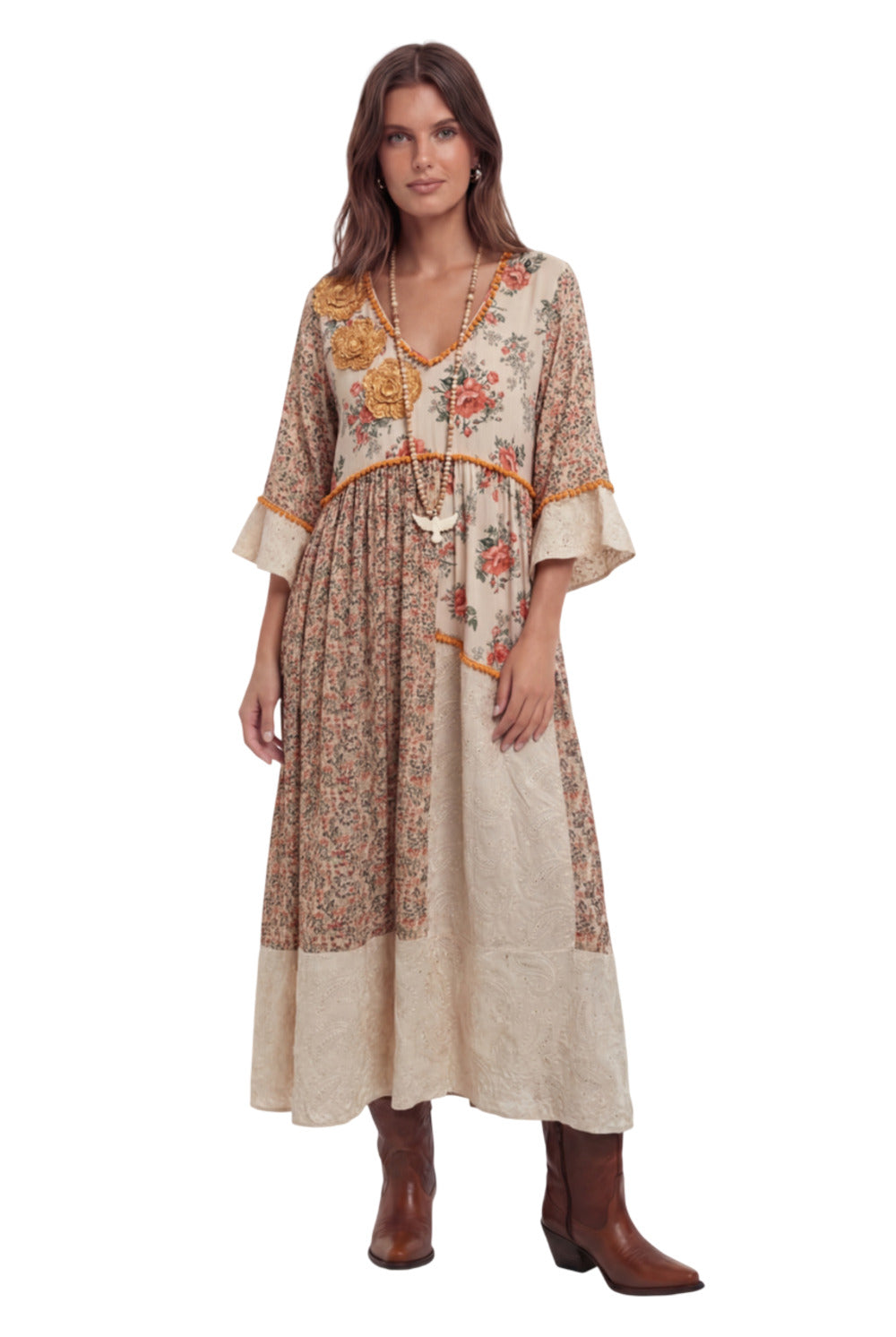 Yacamim C28 Printed Beige Ruffle Dress