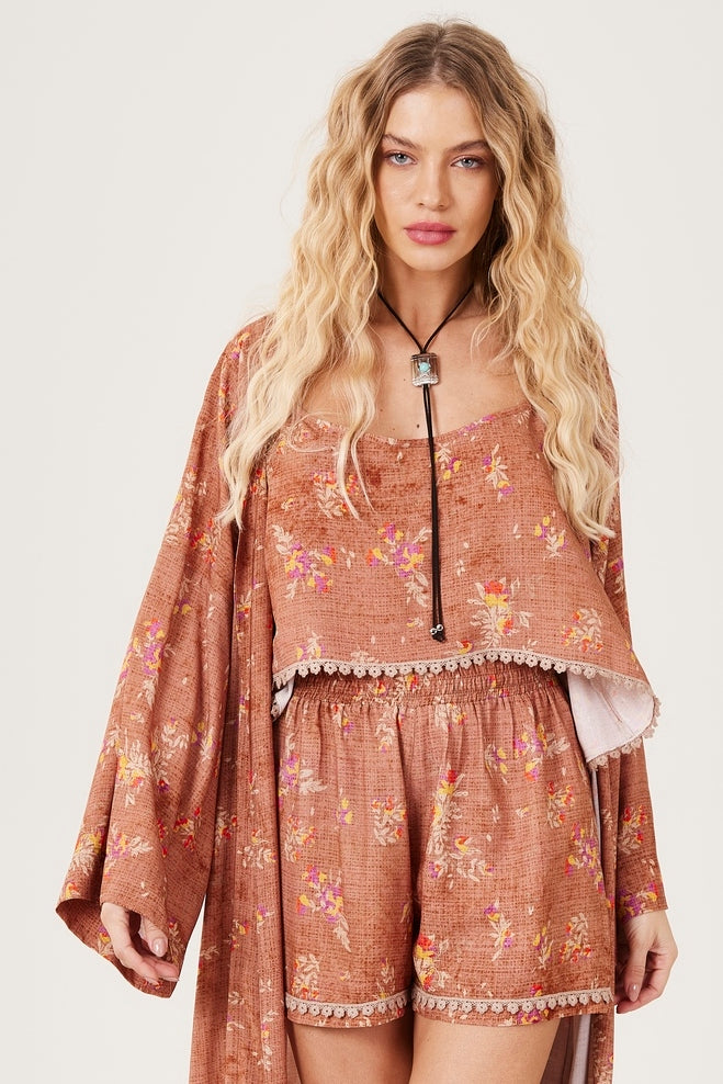Yacamim Women's Light Brown Printed Crop Top and Shorts Set A9
