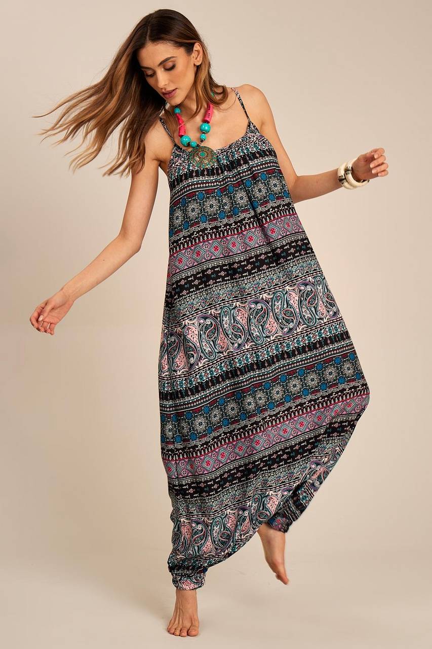 Yacamim O3 Black Sarouel Jumpsuit with Straps and Ethnic Print