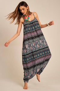 Yacamim O3 Black Sarouel Jumpsuit with Straps and Ethnic Print