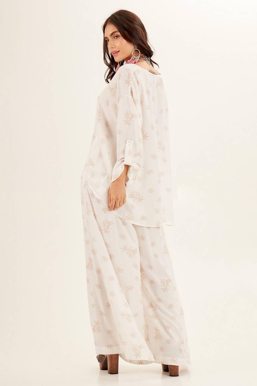 Yacamim Off-White High-Waisted Printed Wide-Leg Pants