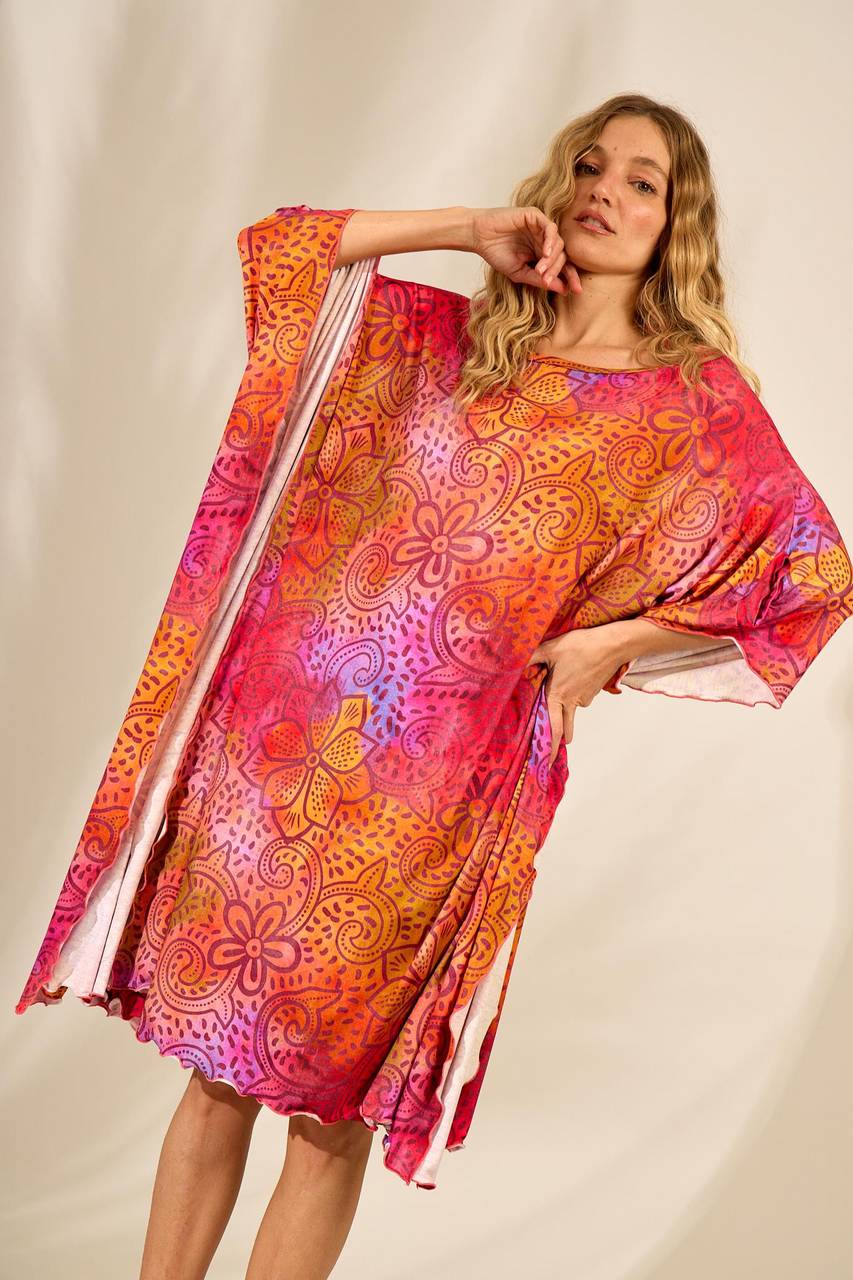 Yacamim J3 Wide Midi Kaftan with Wide Neck in Printed Pink
