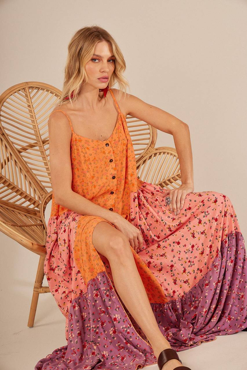 Yacamim Orange and Rosé Patchwork Long Chemise Dress with Ruffles