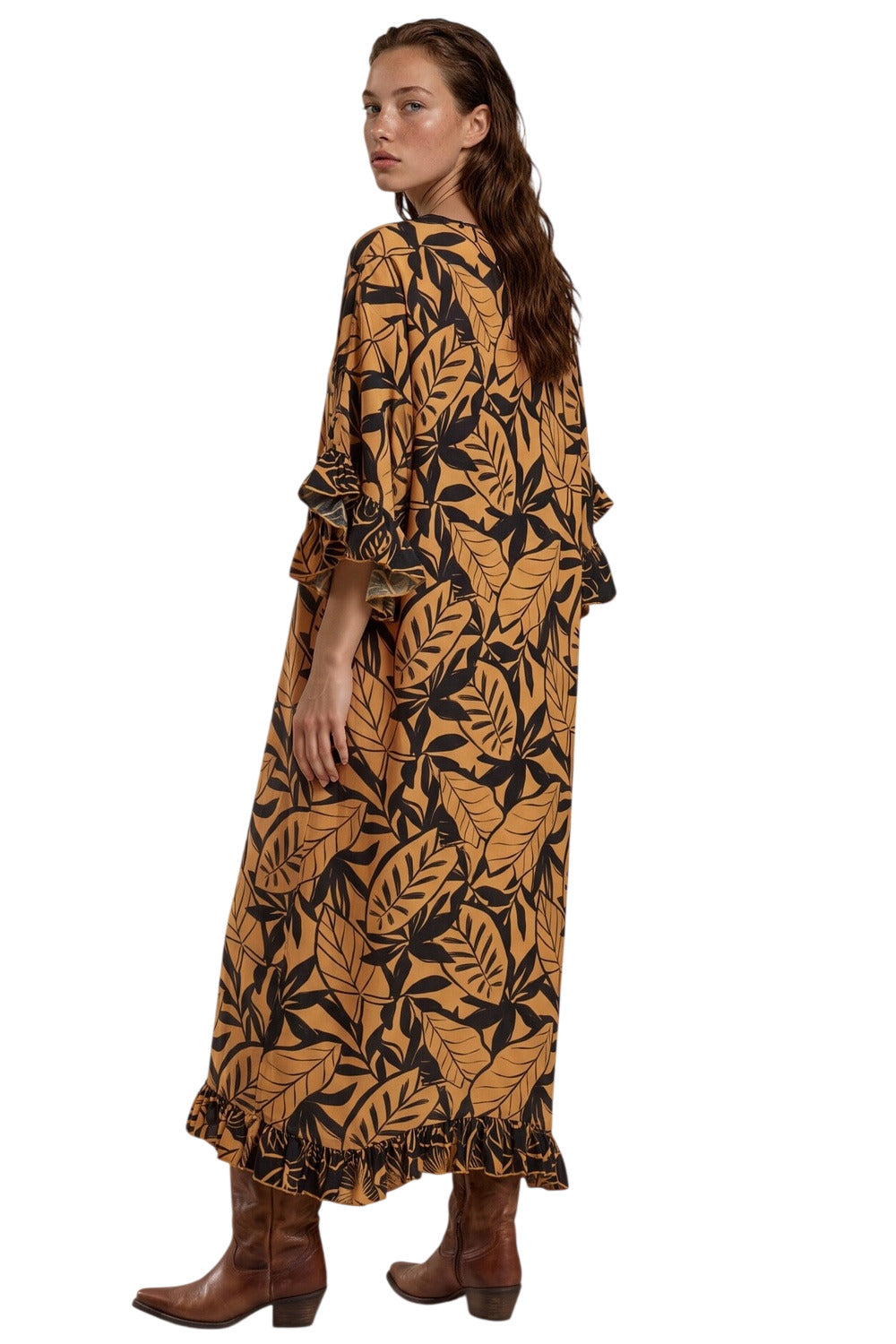 Kaftan Midi Com Pontas Laterais Marrom Claro Estampado Yacamim J10