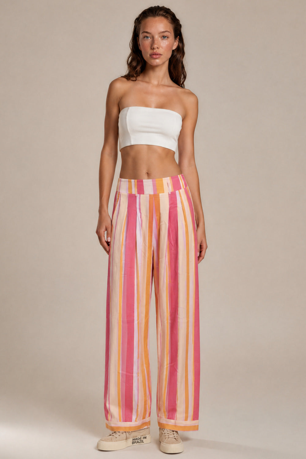 Calça Pantalona Com Bolsos Rosa E Amarela Listrada Yacamim H8