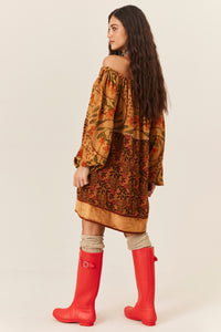Vestido Curto Ciganinha Patchwork Marrom Claro Yacamim C11