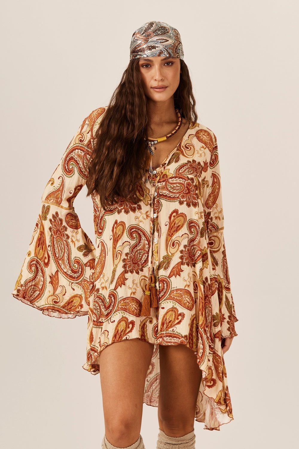 Yacamim N7 Beige Paisley Print Lurex Mullet Shirt