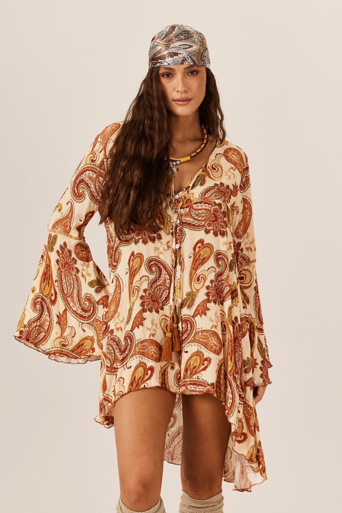 Yacamim N7 Beige Paisley Print Lurex Mullet Shirt