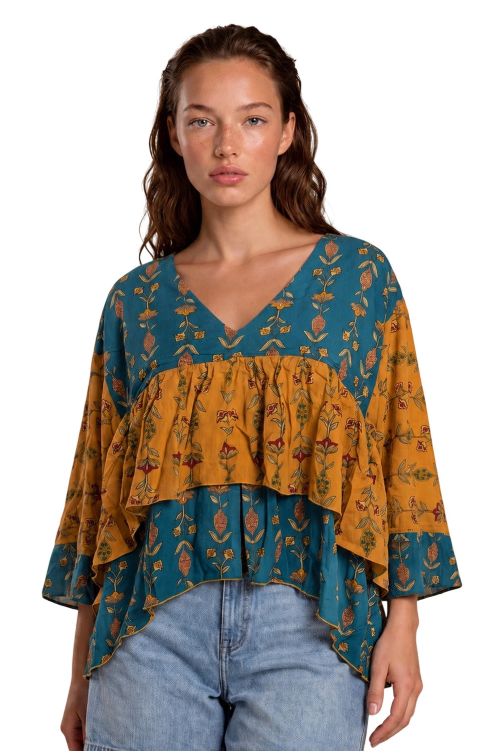 Bata Ampla Babado Sobreposto Turquesa E Laranja Patchwork Yacamim B1