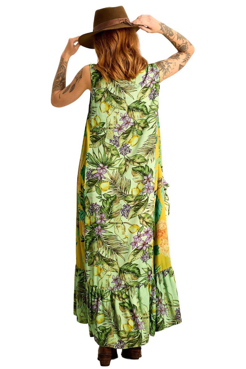 Yacamim Green Patchwork Sleeveless Midi Dress