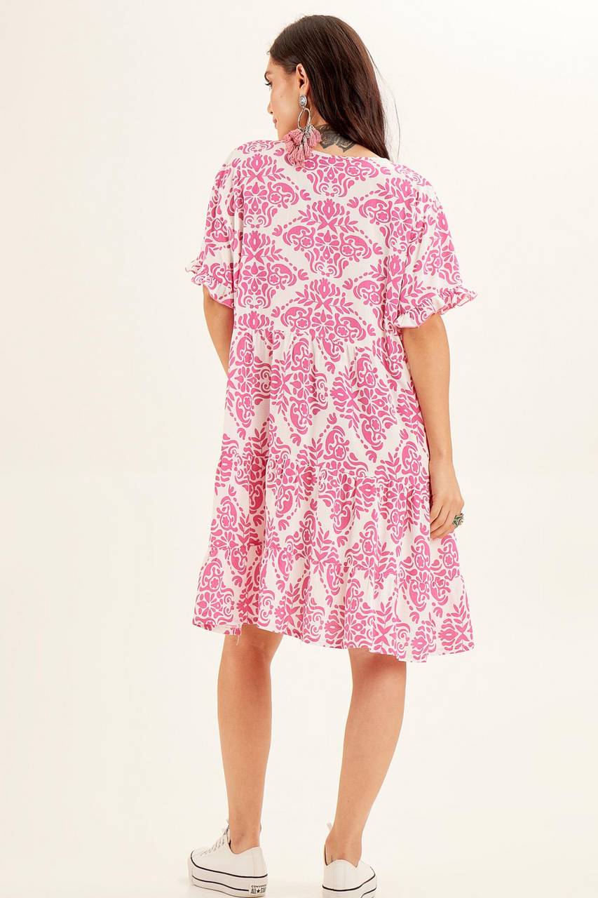 Yacamim Printed Pink V-Neck Short Dress