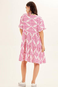 Yacamim Printed Pink V-Neck Short Dress