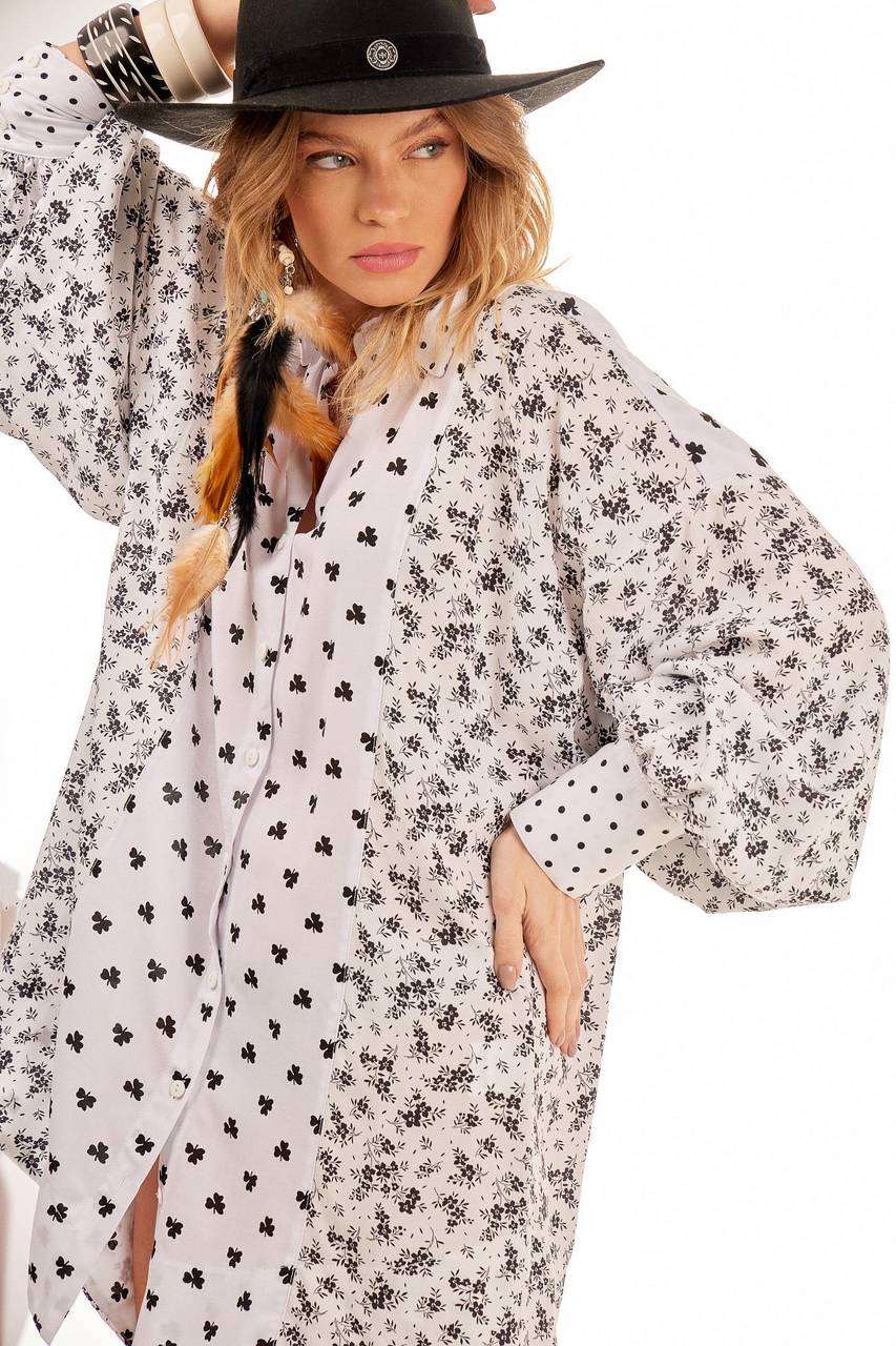 Yacamim White Patchwork Loose Short Shirt With Long Sleeves