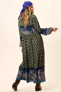 Yacamim Women's Green Patchwork Paisley Print Long Dress with Puffy Sleeves