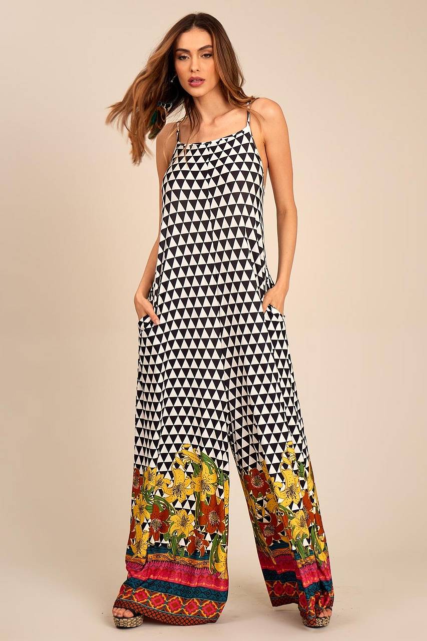 Yacamim Geometric Print Black and White Wide-Leg Jumpsuit with Pockets