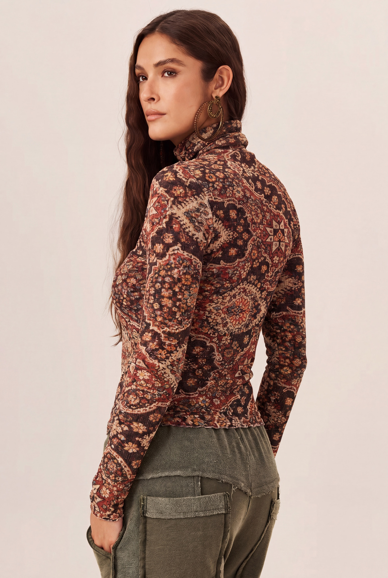 Yacamim B2 Ribbed High-Neck Burgundy Printed Blouse
