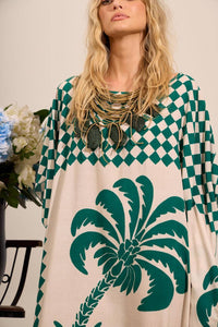 Yacamim J2 Wide Long Canoe Neck Green Printed Kaftan
