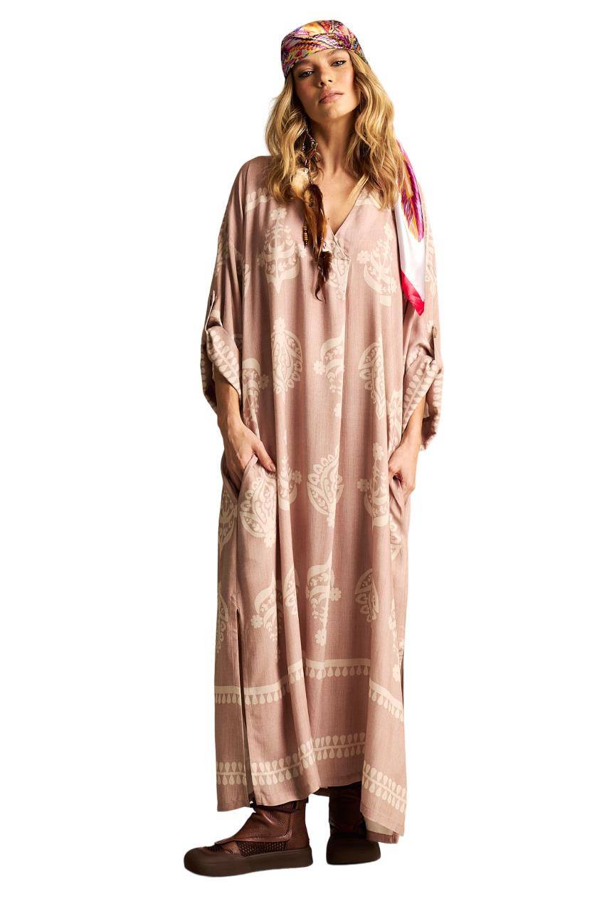 Light Brown Printed Wrap V-Neck Maxi Dress Yacamim N3