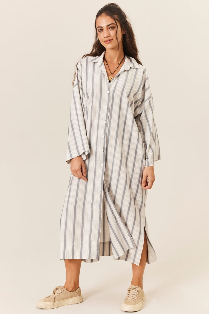 Chemise Amplo Midi Manga Longa Cinza Listrado Yacamim M8