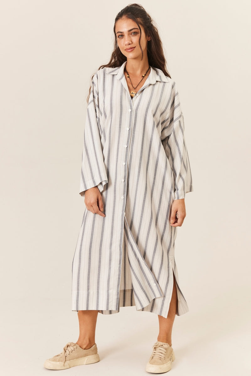 Chemise Amplo Midi Manga Longa Cinza Listrado Yacamim M8