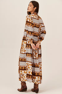 Yacamim Geometric White and Orange Midi Dress C29