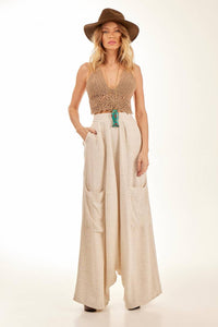 Beige Yacamim H7 Harem Pants with Side and Back Pockets Textured