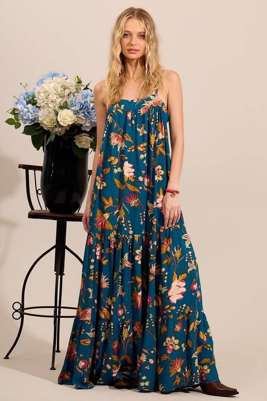 Yacamim Printed Blue Long Dress with Adjustable Straps and Ruffles