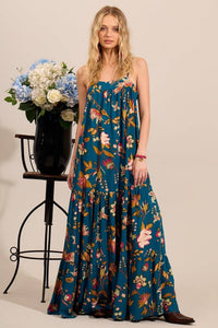 Yacamim Printed Blue Long Dress with Adjustable Straps and Ruffles