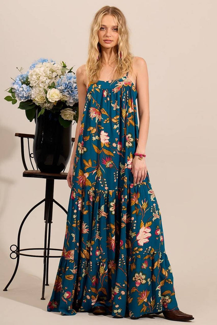 Yacamim Printed Blue Long Dress with Adjustable Straps and Ruffles
