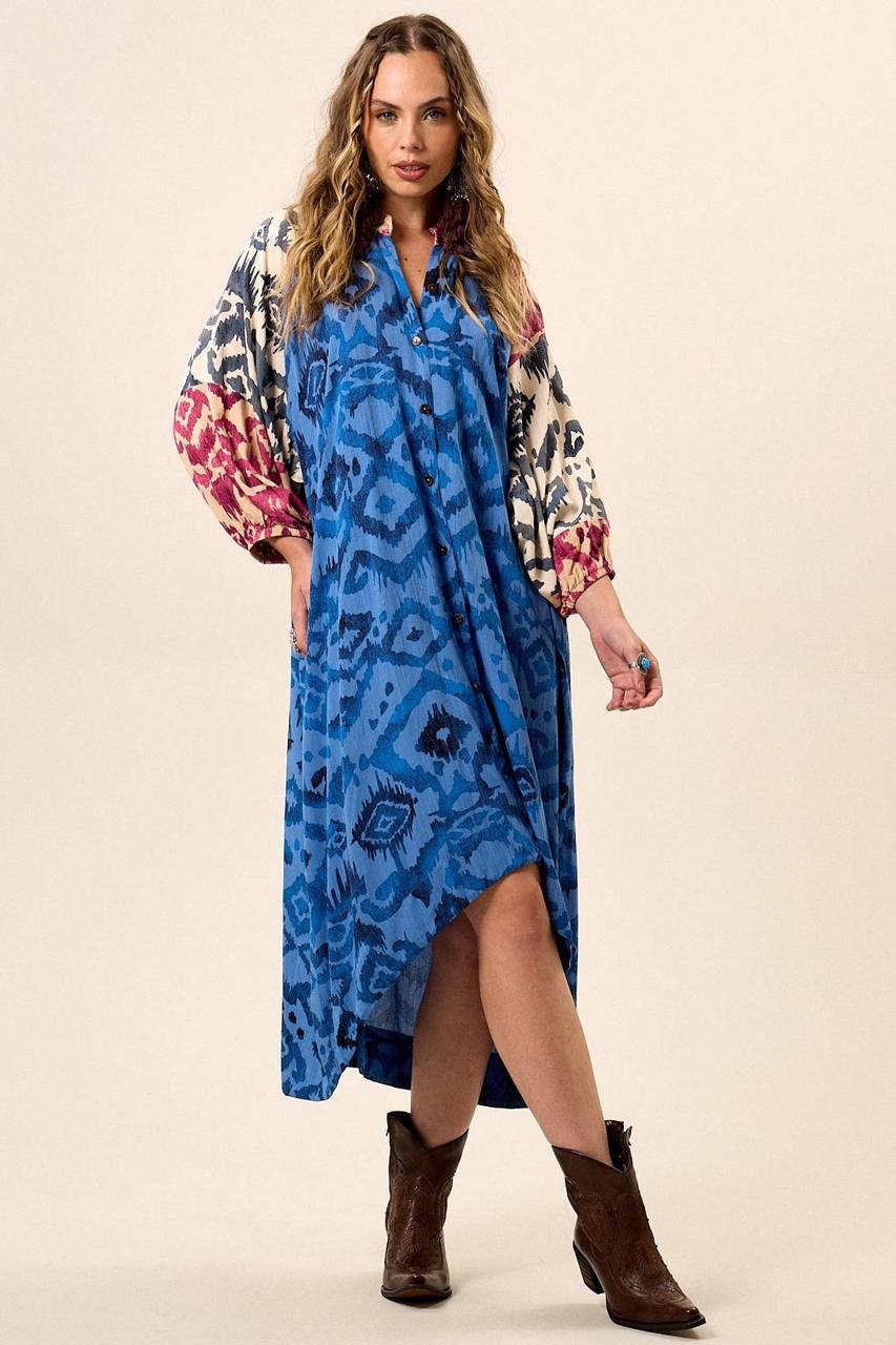 Yacamim K9 Blue Patchwork Flowy Chemise with Puffy Long Sleeves