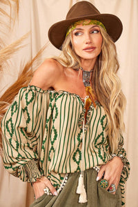 Yacamim Green Printed Peasant Blouse With Puffy Long Sleeves