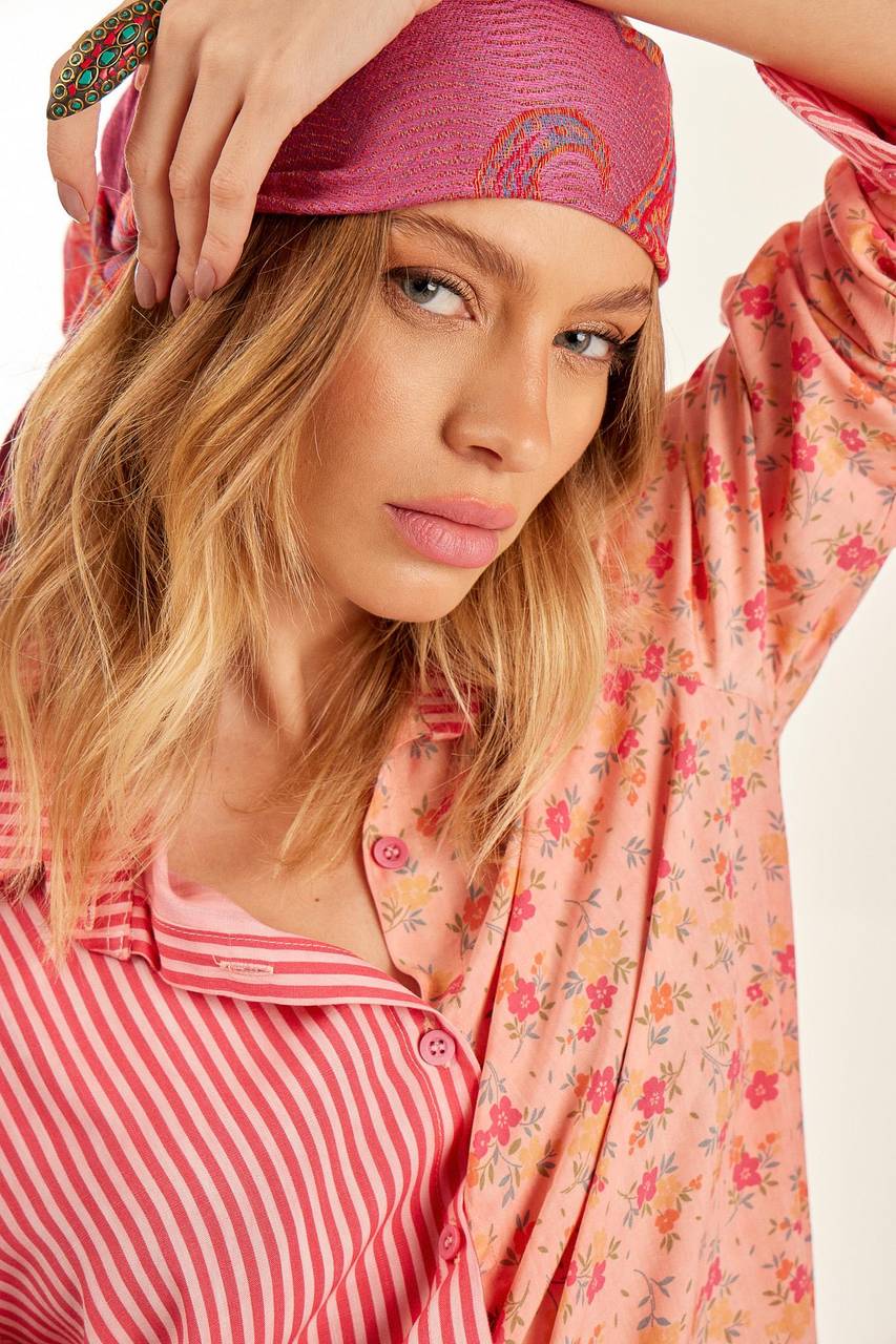 Yacamim Pink Striped Patchwork Loose Long Sleeve Shirt