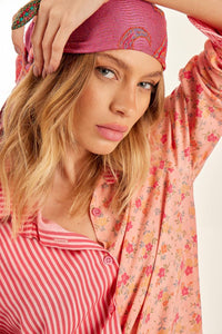 Yacamim Pink Striped Patchwork Loose Long Sleeve Shirt